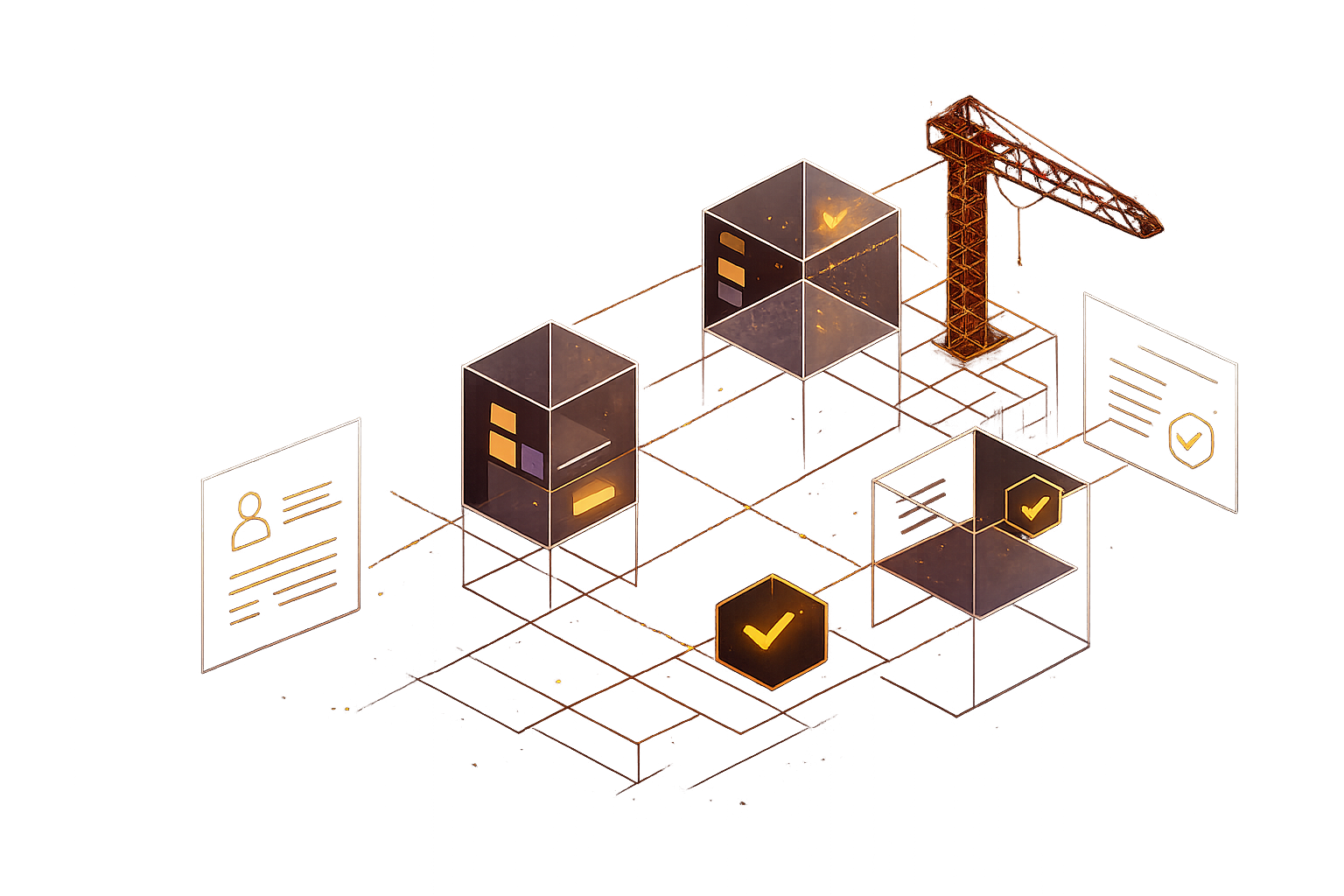 Isometric illustration of a verified construction network with a crane, building, and document cards
